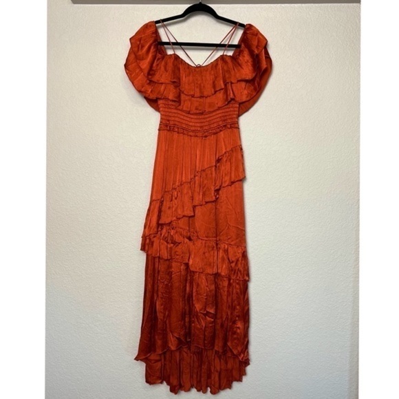 ULLA JOHNSON 70s Silk Tiered Ruffle Smocked Off Shoulder Sleeveless Maxi Gown 0 - Picture 3 of 12